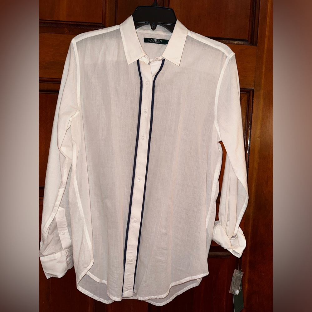 Lauren Ralph Lauren White Blouse Navy Piping Down Button Front Size Medium NWT